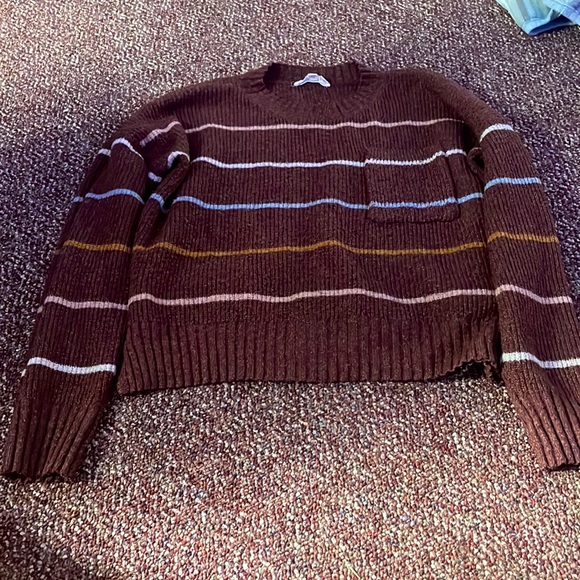 Maroon sweater with pink white blue and yellow stripes - Picture 1 of 1